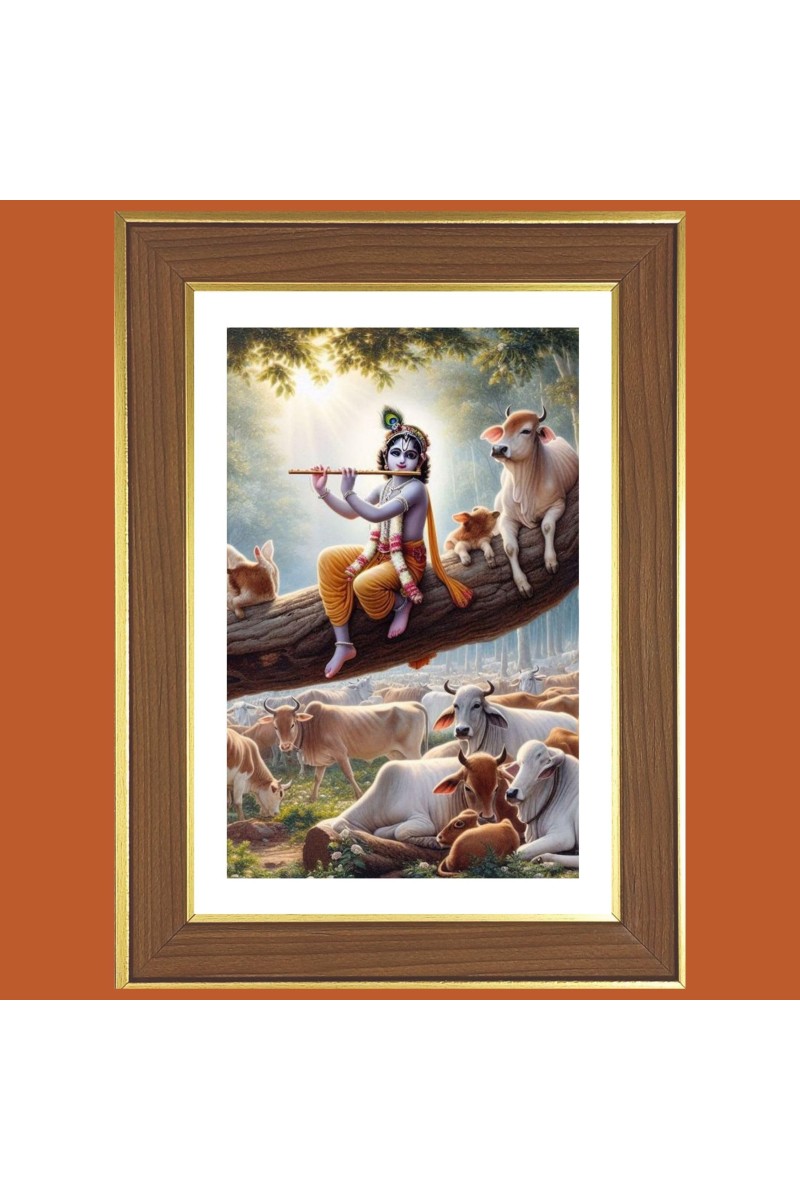 Lord Krishna with Murali Photo Frame - 10x14 Inches, Brown Wooden Frame for Home, Office & Temple decoration