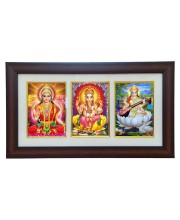 Hi tech Sales Dhan-laxmi, Ganesh, saraswati photo frame || synthetic photo Frame with Glass || Three Gods in Single Frame (Multicolor) for wall, living room, gifts, pooja (Brown)