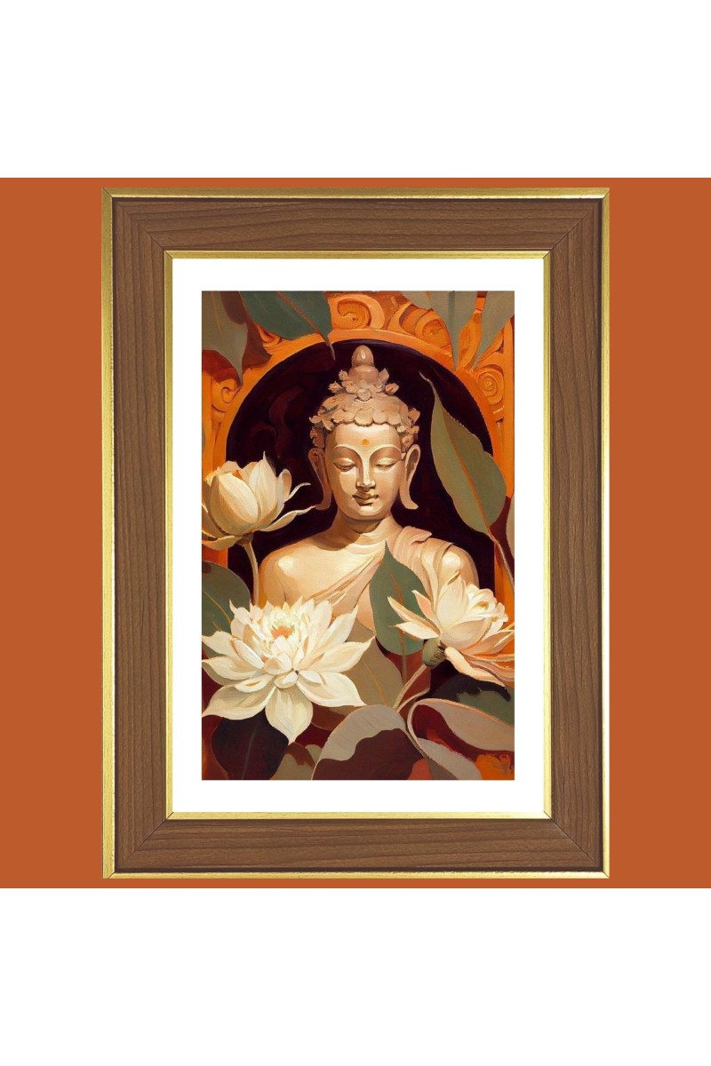 Serene Buddha Photo Frame - 12x16 Inches, Brown Wooden Frame for Home, Office & Temple Decoration