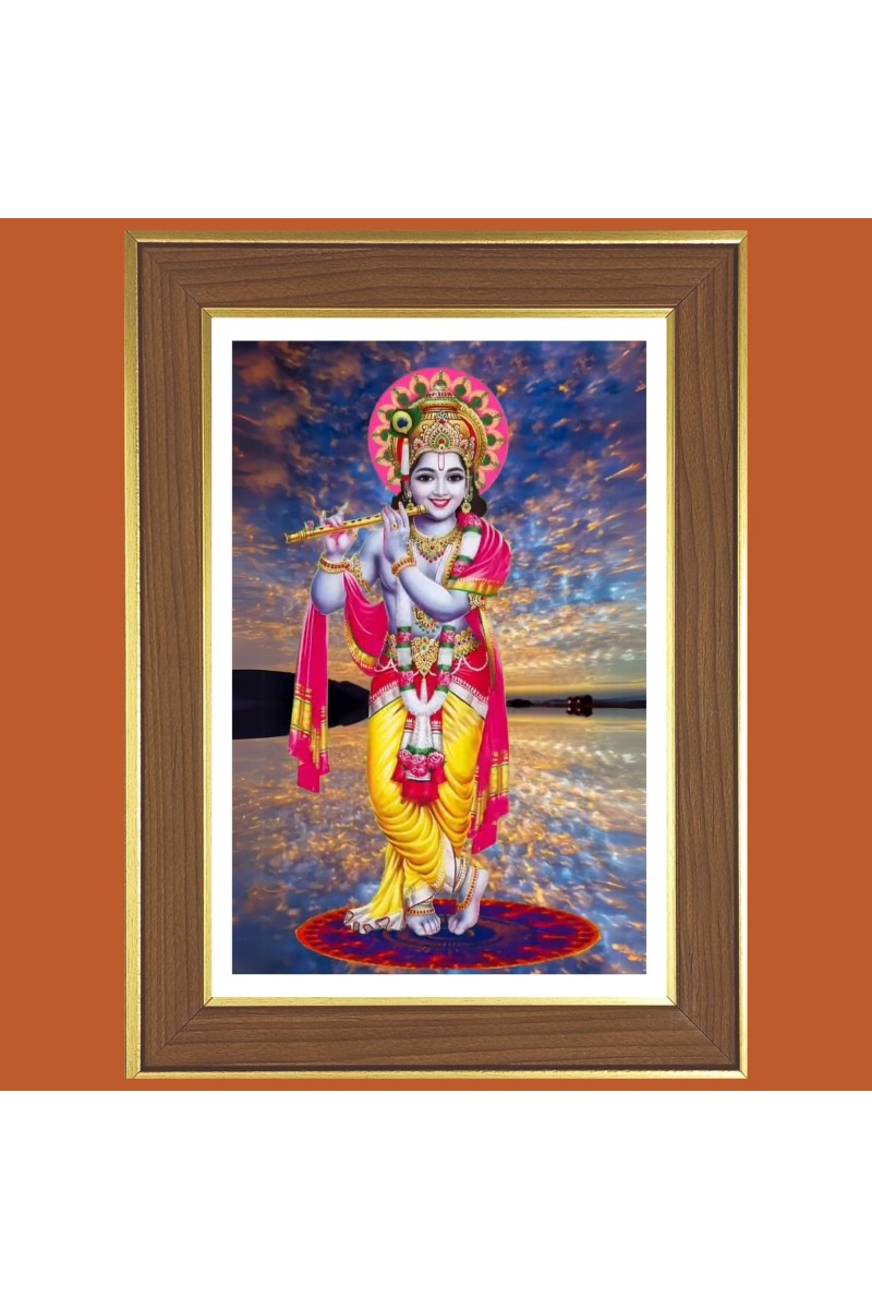 Muralidhara Krishna Photo Frame - 10x14 Inches, Brown Wooden Frame for Home, Office & Temple Decoration