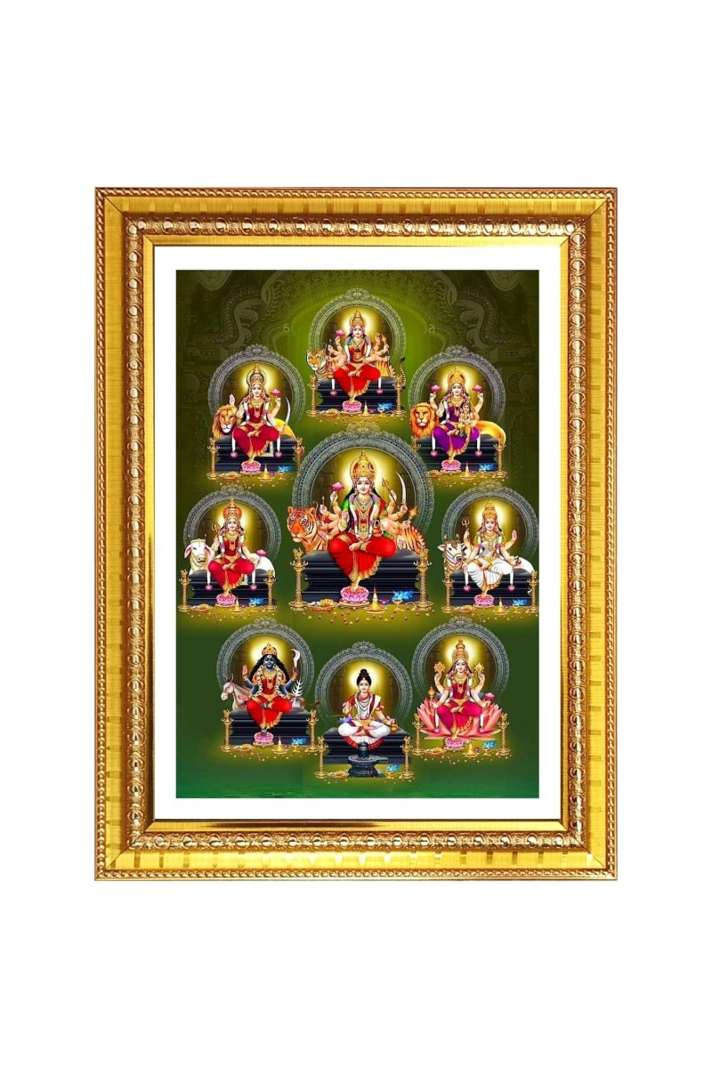 Maa Durga 9 Photo Frame - 10x14 Inches, Brown Wooden Frame for Home, Office & Temple Decoration