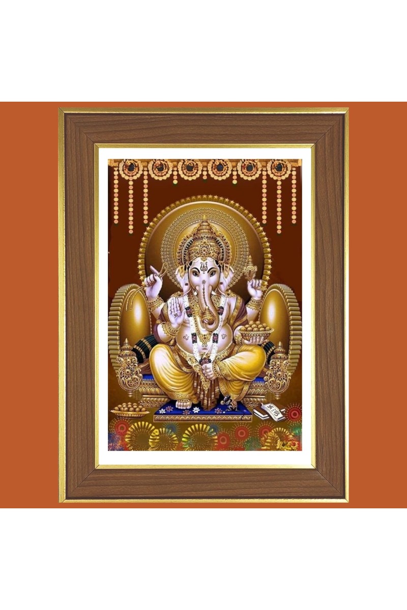 Lord Ganapathi Photo Frame - 10x14 Inches, Brown Wooden Frame for Home, Office & Temple Decoration