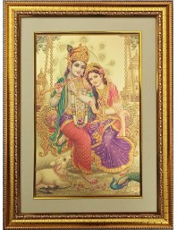 Sri Radha & Sri Krishna Golden Photo 11.5x15.5 Inches Perfect for Home, Office & Temple Decoration