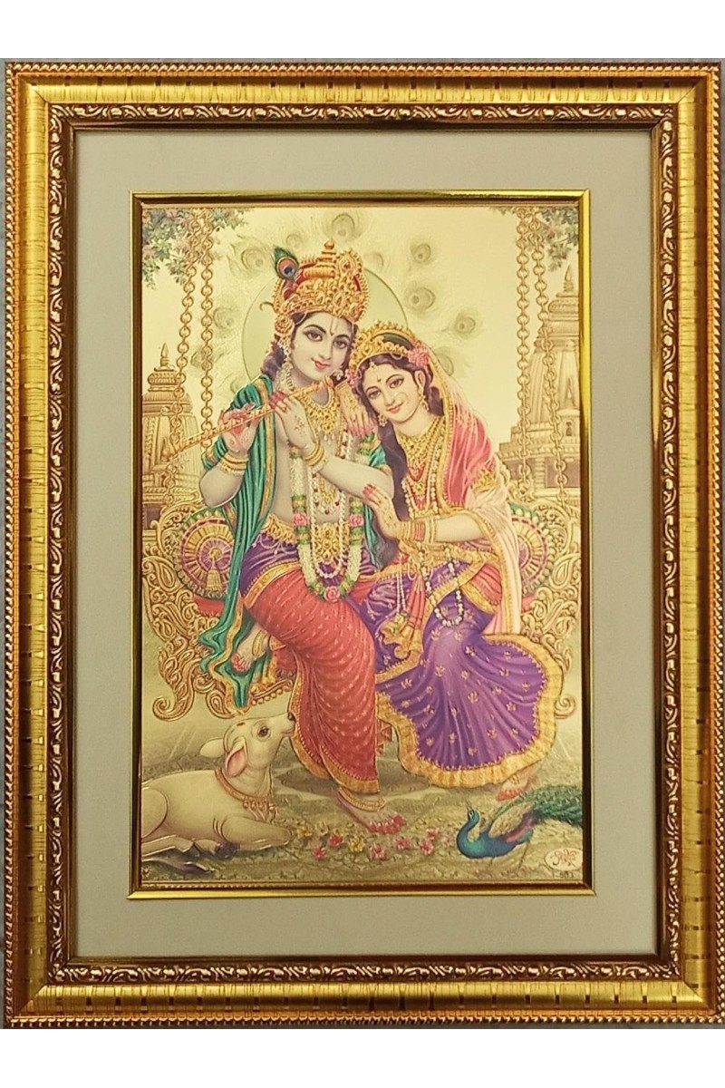 Sri Radha & Sri Krishna Golden Photo 11.5x15.5 Inches Perfect for Home, Office & Temple Decoration