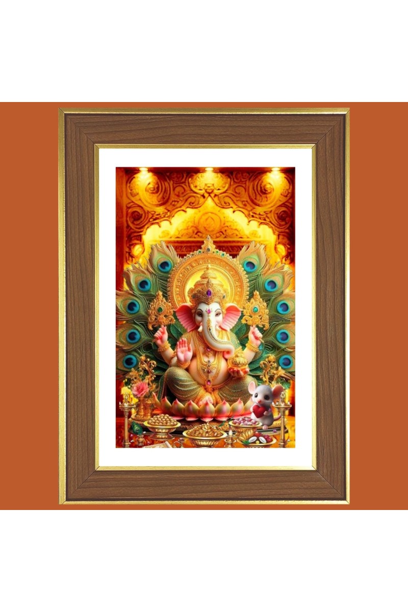 Ganapathi Bappa Photo Frame - 10x14 Inches, Brown Wooden Frame for Home, Office & Temple Decoration