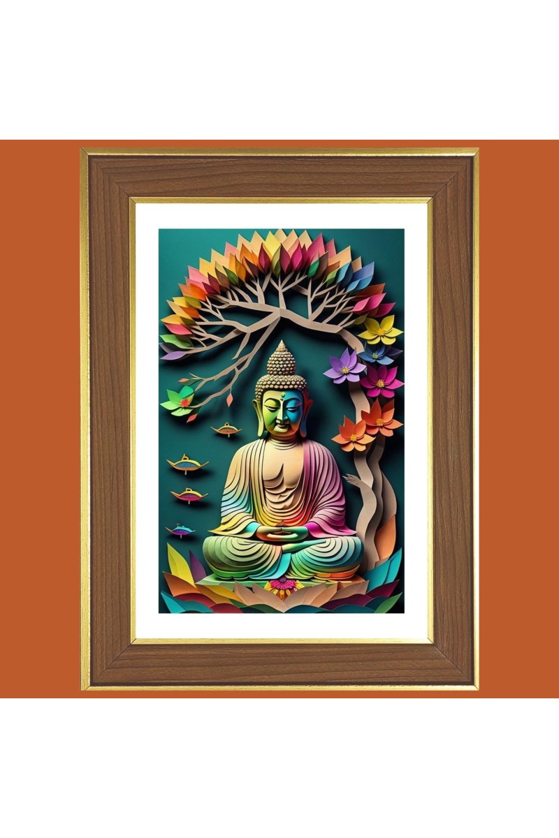Serene Buddha Photo Frame - 14x18 Inches, Brown Wooden Frame for Home, Office & Temple Decoration