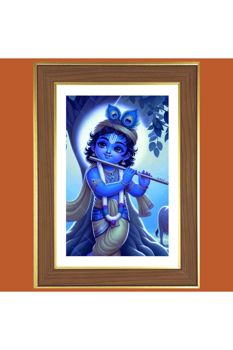 Baby Krishna Photo Frame - 14x18 Inches, Brown Wooden Frame for Home, Office & Temple decoration