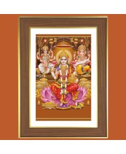 Saraswathi and Ganesha and Lakshmi Photo Frame - 10x14 Inches, Brown Wooden Frame for Home, Office & Temple Decoration