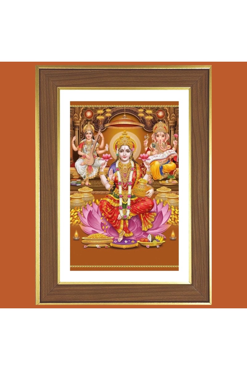 Saraswathi and Ganesha and Lakshmi Photo Frame - 14x18 Inches, Brown Wooden Frame for Home, Office & Temple Decoration