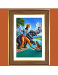 Elephant saves the Lord Krishna Photo Frame - 10x14 Inches, Brown Wooden Frame for Home, Office & Temple Decoration