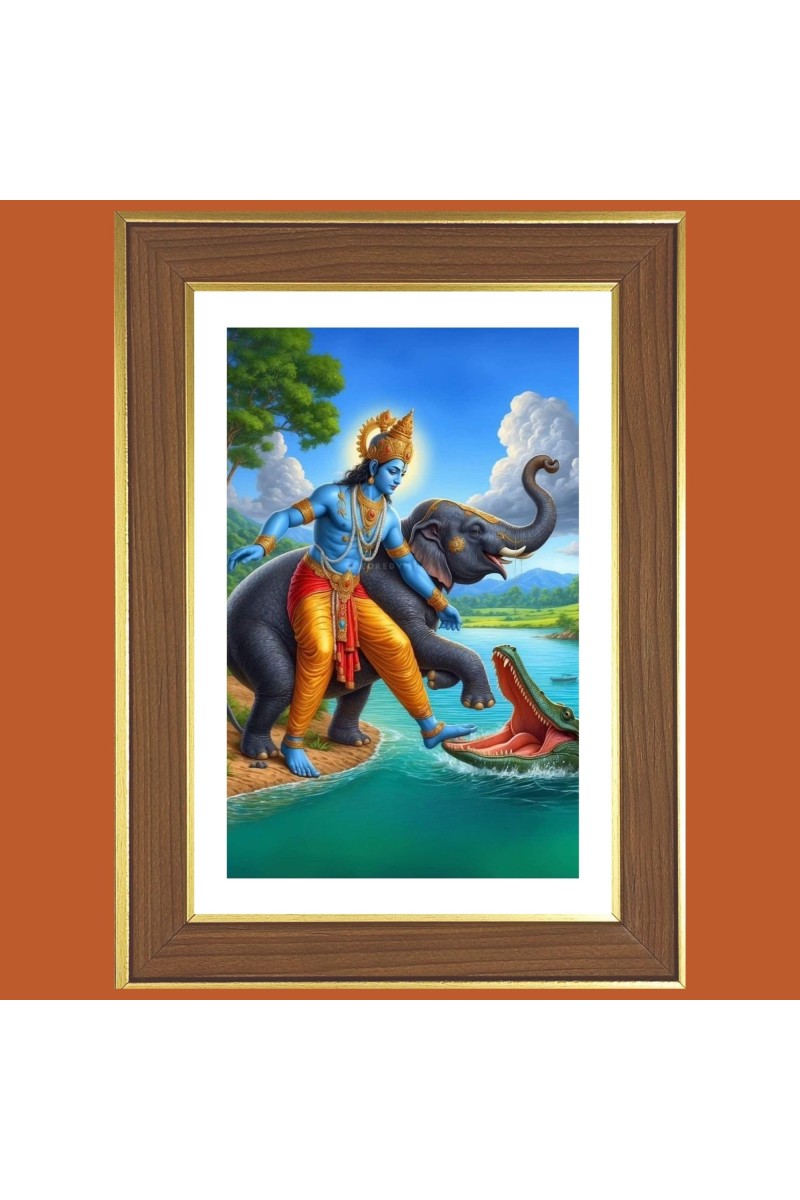 Elephant saves the Lord Krishna Photo Frame - 10x14 Inches, Brown Wooden Frame for Home, Office & Temple Decoration