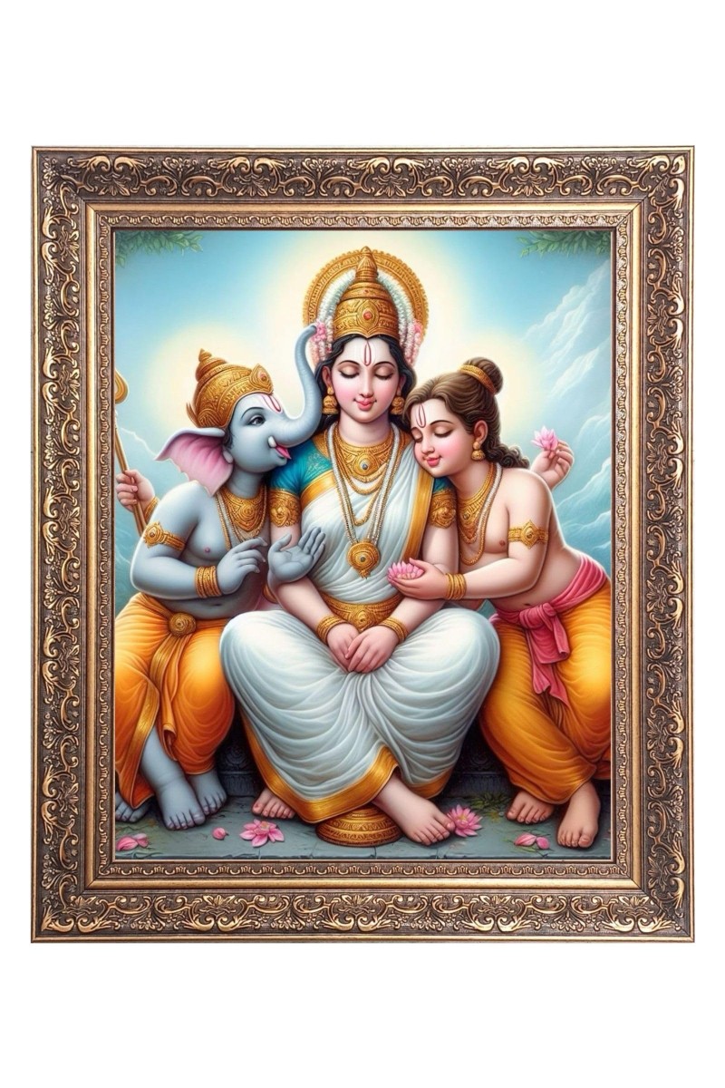 Maa Parbati, Sri Ganesh & Sri Kartik Big Photo Frame - 16x20 Inches for Home & Office Decoration