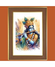 Lord Sri Krishna With Flute Photo Frame - 10x14 Inches, Brown Wooden Frame for Home, Office & Temple decoration