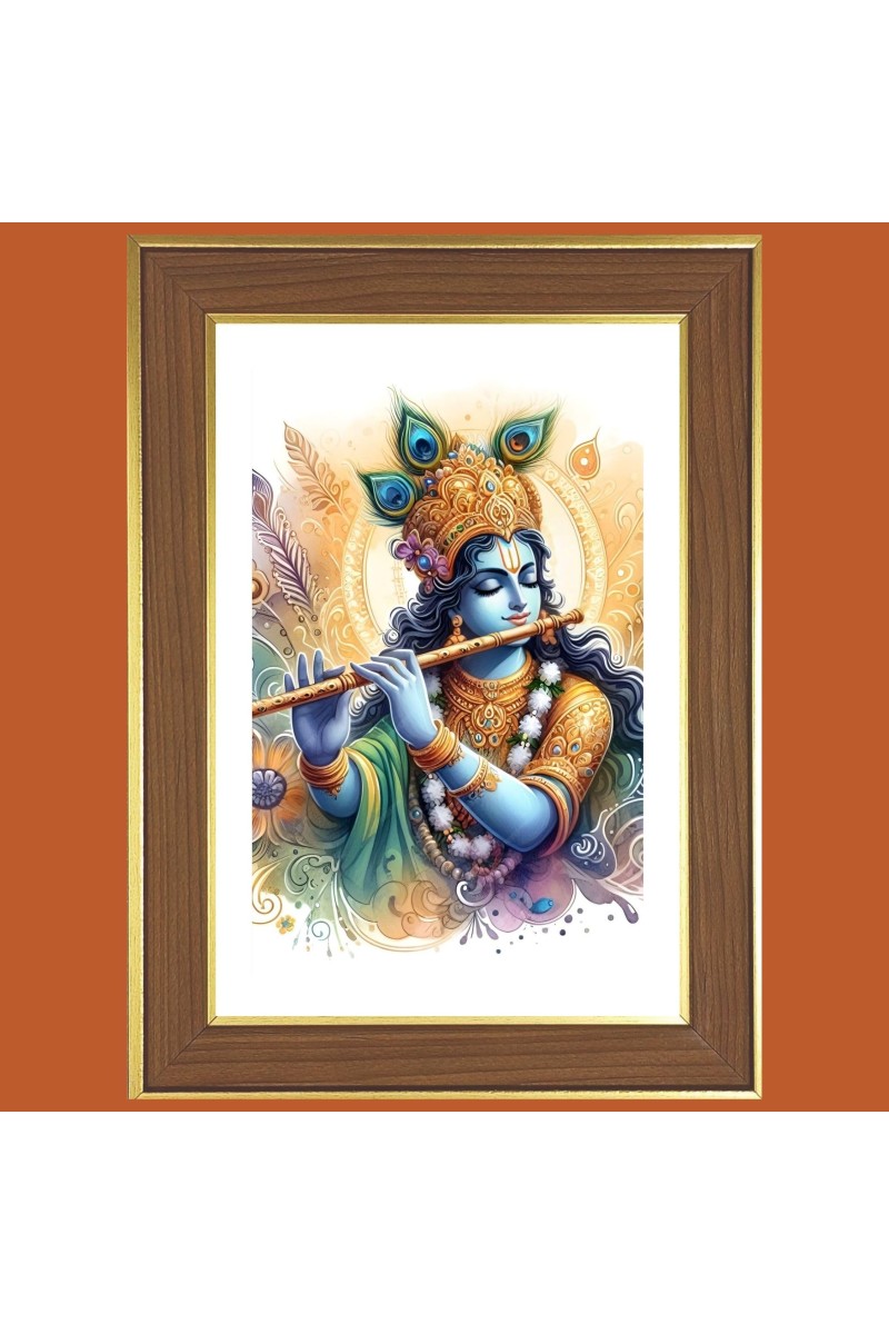 Lord Sri Krishna With Flute Photo Frame - 10x14 Inches, Brown Wooden Frame for Home, Office & Temple decoration