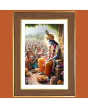 Lord Krishna With Devotees Photo Frame - 12x16 Inches, Brown Wooden Frame for Home, Office & Temple Decoration