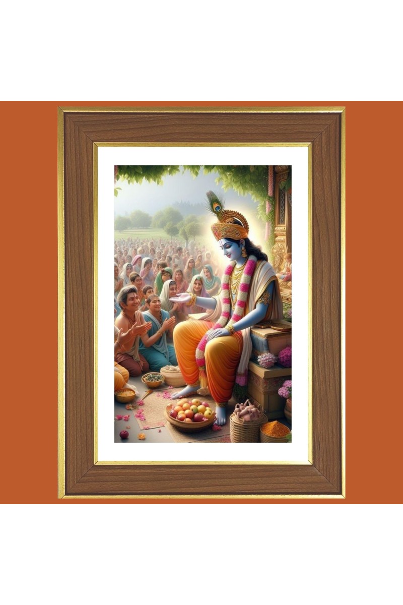 Lord Krishna With Devotees Photo Frame - 12x16 Inches, Brown Wooden Frame for Home, Office & Temple Decoration