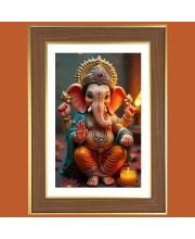 Lord Ganapathi Photo Frame - 10x14 Inches, Brown Wooden Frame for Home, Office & Temple Decoration