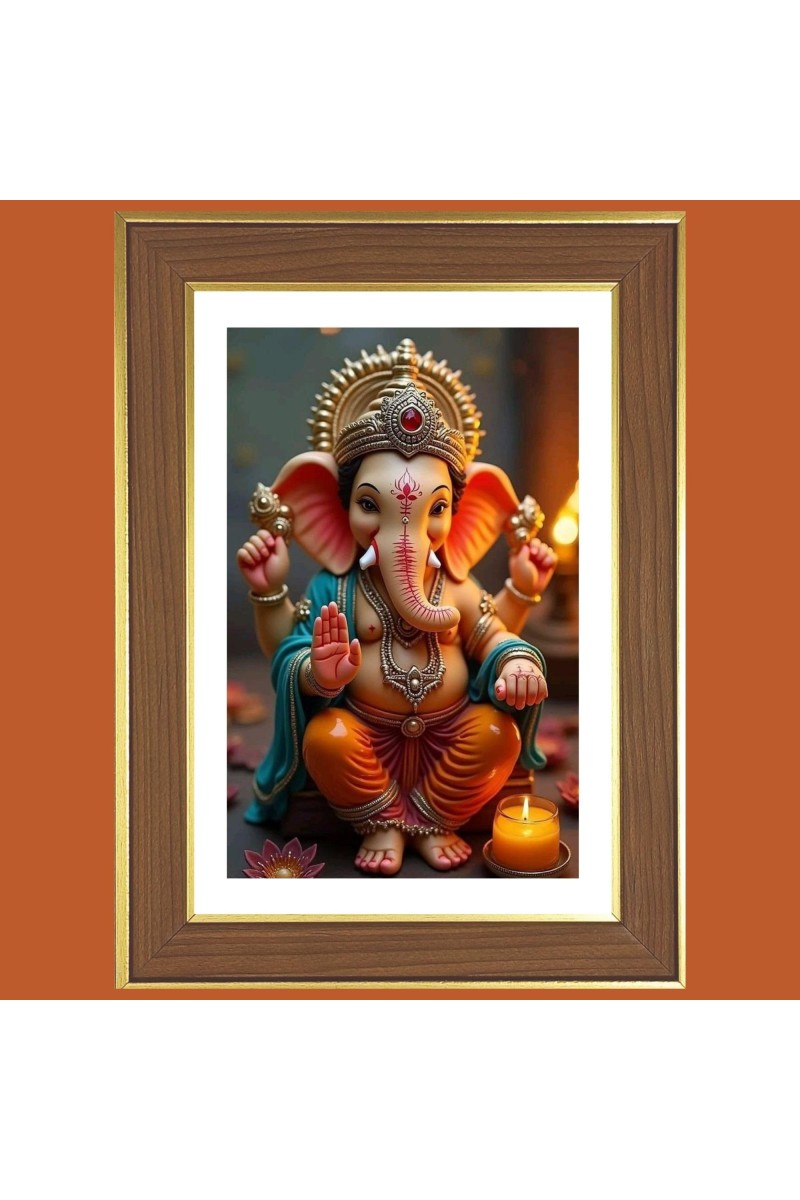 Lord Ganapathi Photo Frame - 10x14 Inches, Brown Wooden Frame for Home, Office & Temple Decoration