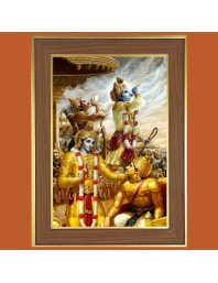 Lord Sr Krishna Kurukshetra Photo Frame - 12x16 Inches, Brown Wooden Frame for Home, Office & Temple Decoration