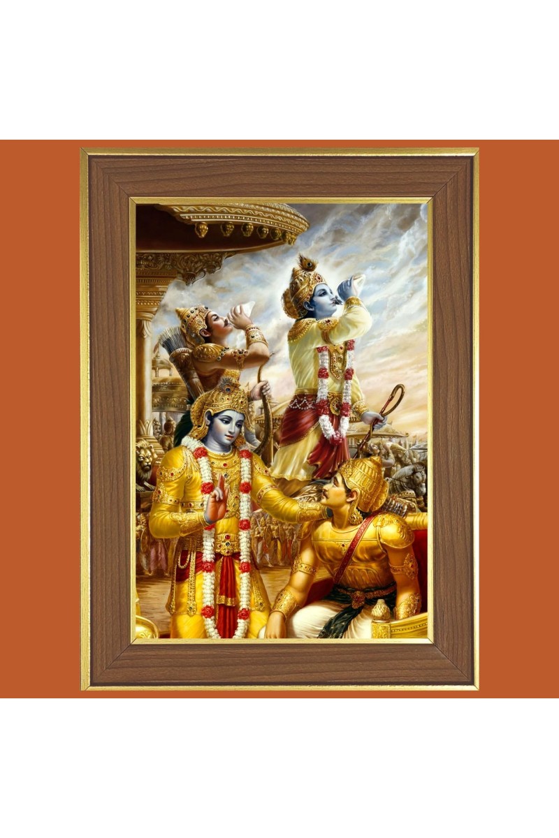 Lord Sr Krishna Kurukshetra Photo Frame - 10x14 Inches, Brown Wooden Frame for Home, Office & Temple Decoration