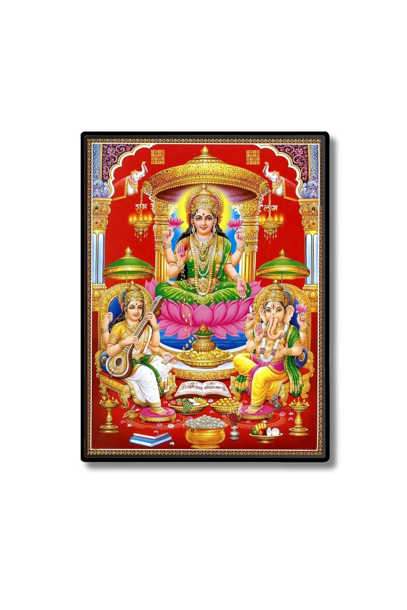 Lakshmi Saraswati & Ganesh Laminated Photo - 5x7 Inches, Divine Blessings for Home & Office and Temple Decoration