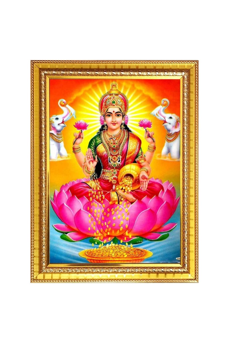 Maa Lakshmi Photo Frame - 10x14 Inches, Brown Wooden Frame for Home, Office & Temple Decoration