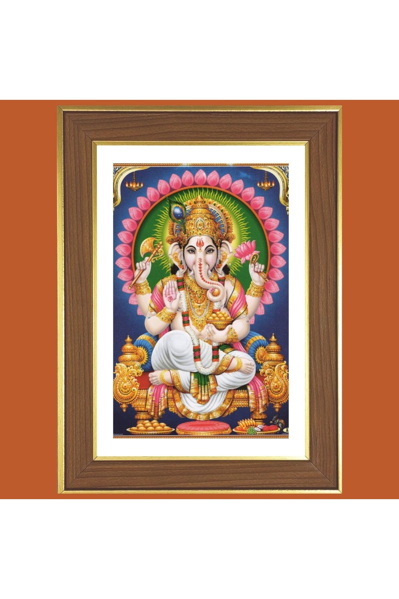 Divine Lord Ganesha Photo Frame - 10x14 Inches, Brown Wooden Frame for Home, Office & Temple Decoration