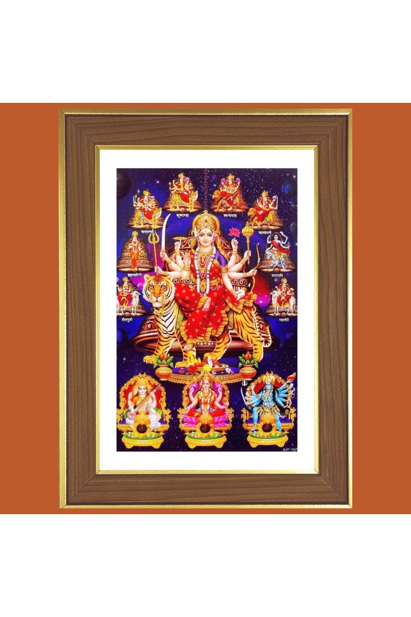 Durga Maa Photo Frame - 12x16 Inches, Brown Wooden Frame for Home, Office & Temple Decoration
