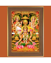 Saraswathi and Ganesha and Lakshmi Photo Frame - 10x14 Inches, Brown Wooden Frame for Home, Office & Temple Decoration