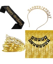 Party Decoration Combo – Hairband, Tuni LED Bulb, Birthday Sash & Foil Curtain – Perfect Birthday Celebration Set for Girls & Women (COPPER)