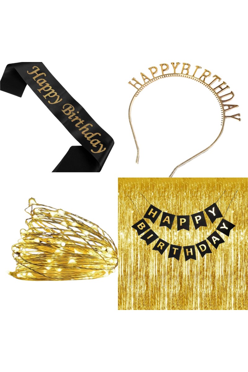 Party Decoration Combo – Hairband, Tuni LED Bulb, Birthday Sash & Foil Curtain – Perfect Birthday Celebration Set for Girls & Women (COPPER)