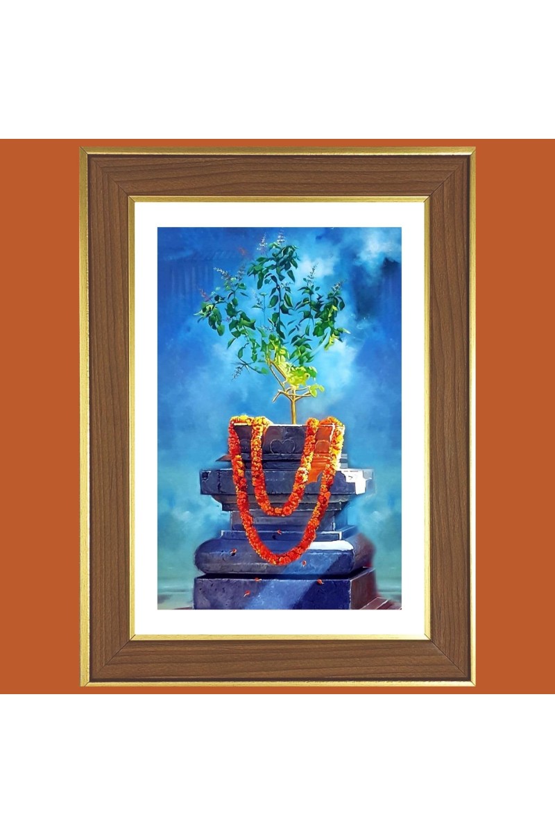 Tulasi Plant Photo Frame - 10x14 Inches, Brown Wooden Frame for Home, Office & Temple Decoration