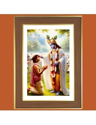 Lord Krishna Blesses His Devotees Photo Frame - 12x16 Inches, Brown Wooden Frame for Home, Office & Temple Decoration