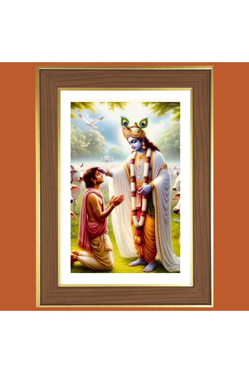 Lord Krishna Blesses His Devotees Photo Frame - 10x14 Inches, Brown Wooden Frame for Home, Office & Temple Decoration