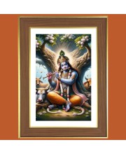 Lord krishna playing flute Photo Frame - 10x14 Inches, Brown Wooden Frame for Home, Office & Temple decoration