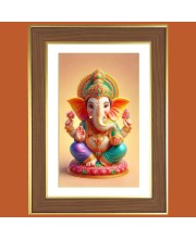 Lord Ganapathi Photo Frame - 10x14 Inches, Brown Wooden Frame for Home, Office & Temple Decoration