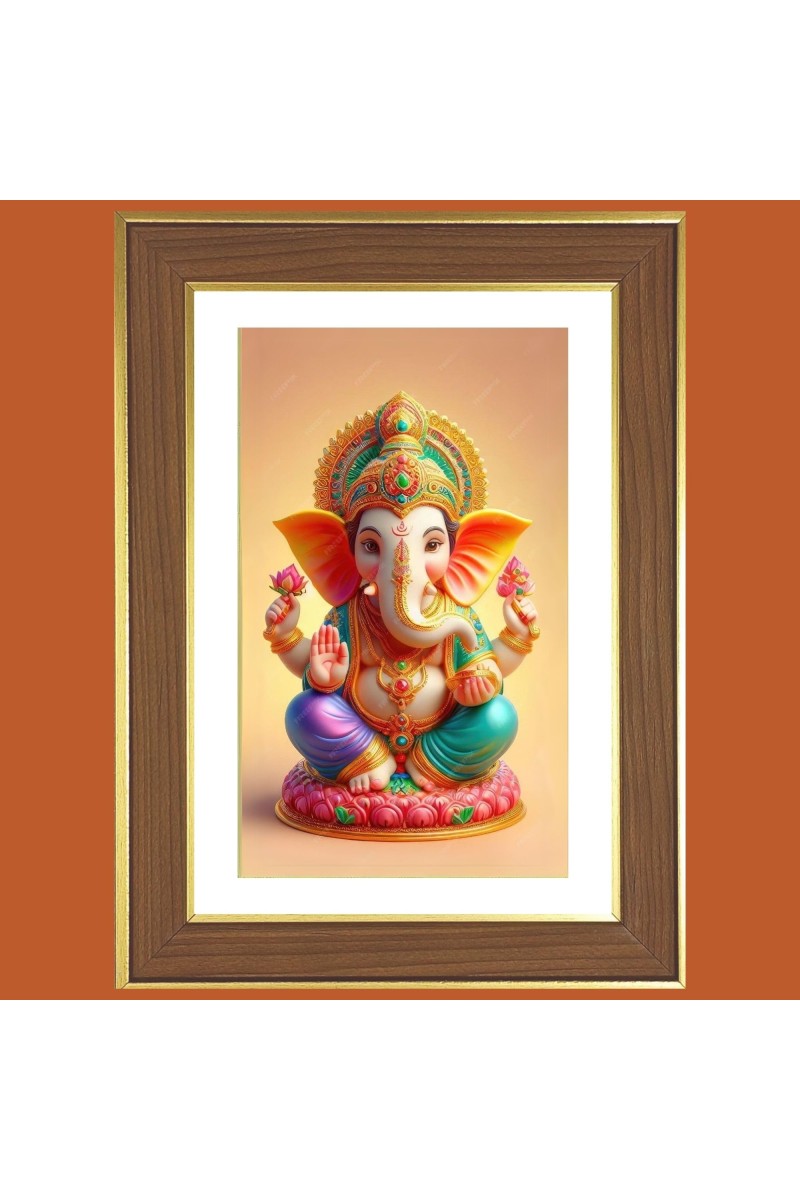 Lord Ganapathi Photo Frame - 10x14 Inches, Brown Wooden Frame for Home, Office & Temple Decoration