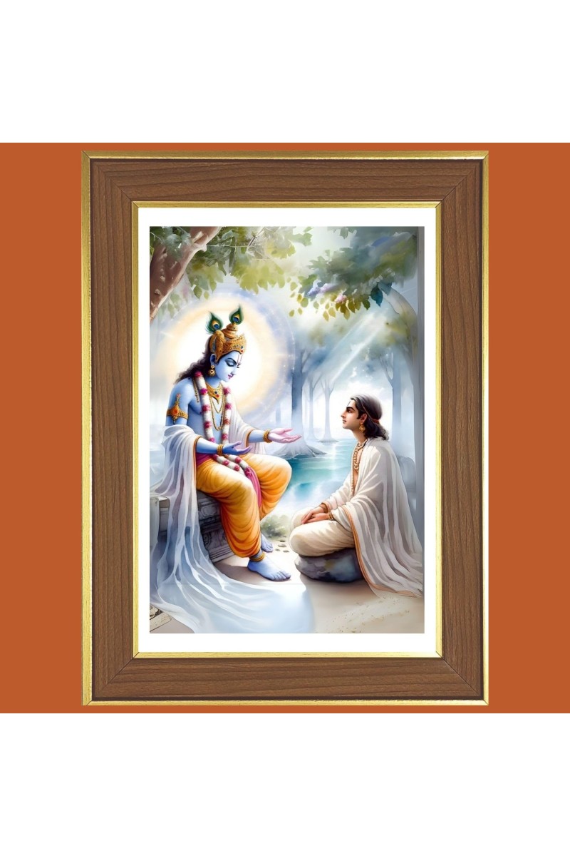Sri krishna and Arjun Photo Frame - 12x16 Inches, Brown Wooden Frame for Home, Office & Temple Decoration