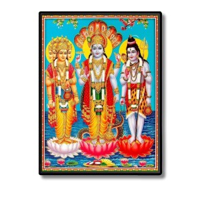 Brahma Vishnu & Shiva Laminated Photo - 9x11 Inches, Divine Blessings for Home & Office and Temple Decoration