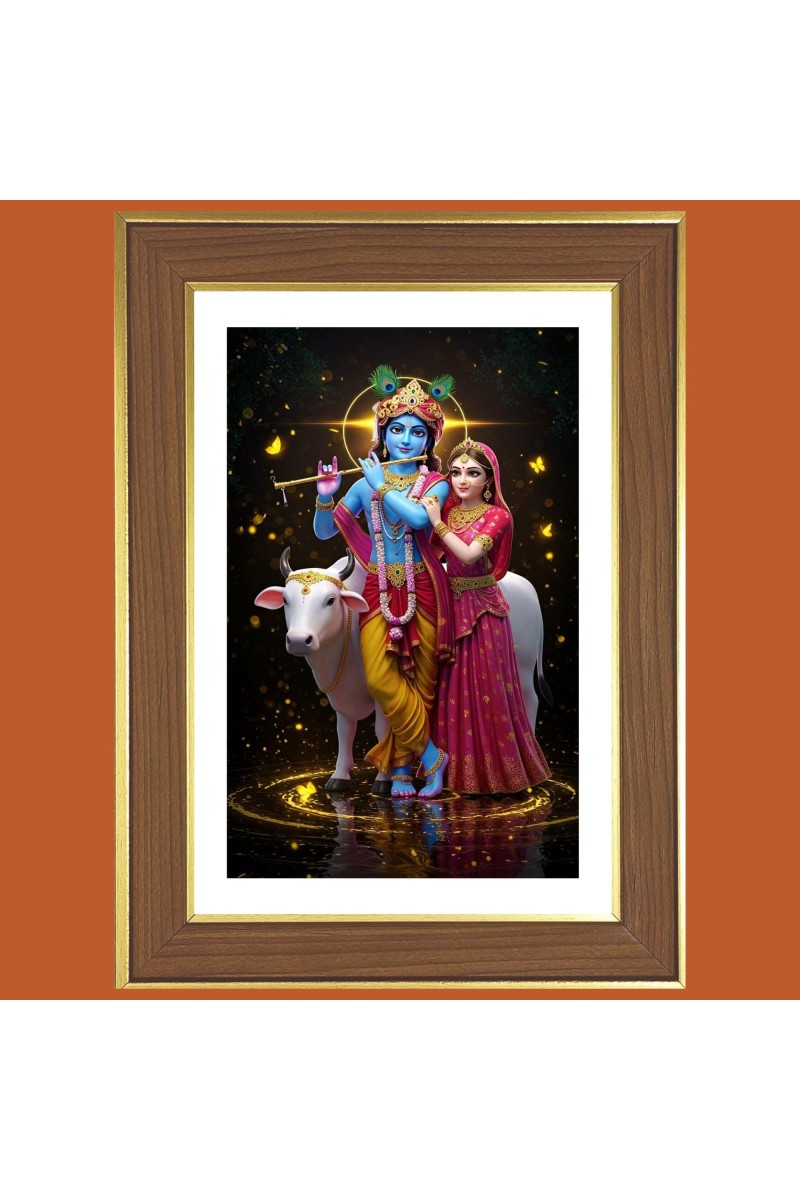 Lord krishna and Radha Photo Frame - 10x14 Inches, Brown Wooden Frame for Home, Office & Temple Decoration