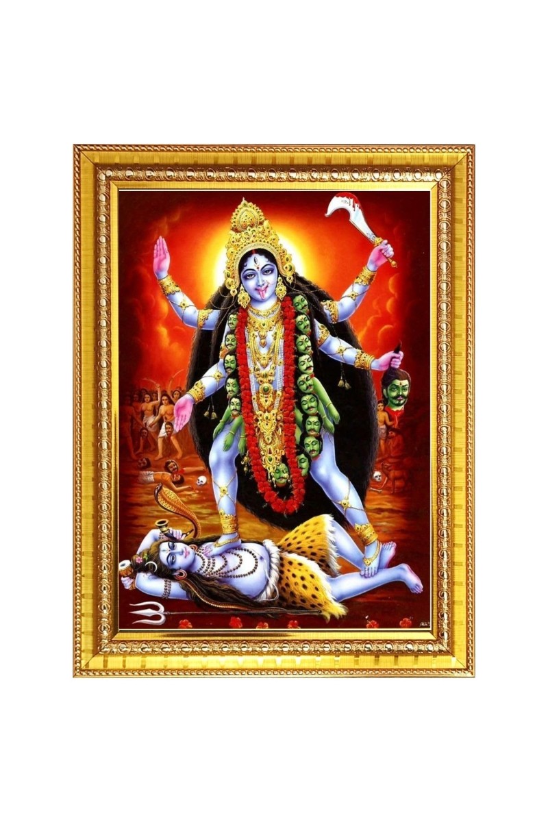 Goddess Kali Photo Frame - 10x14 Inches, Brown Wooden Frame for Home, Office & Temple Decoration