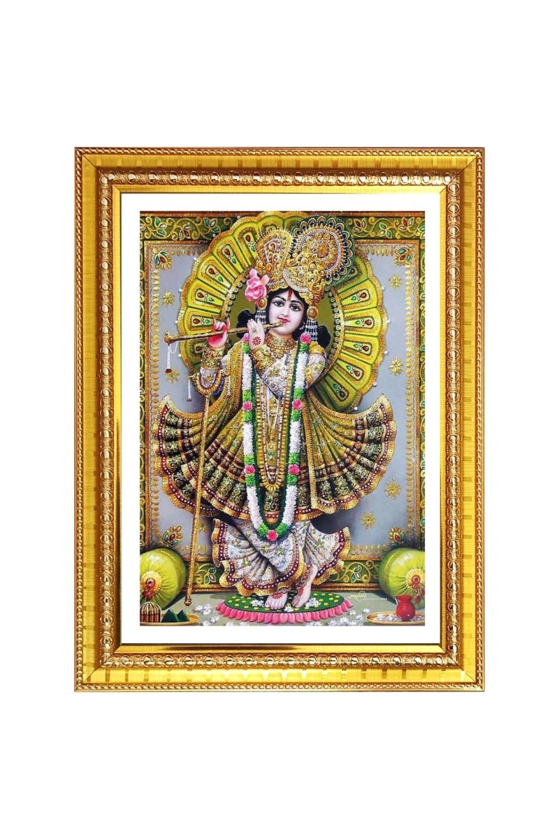 Shri krishna with murali Photo Frame - 12x16 Inches, Brown Wooden Frame for Home, Office & Temple Decoration