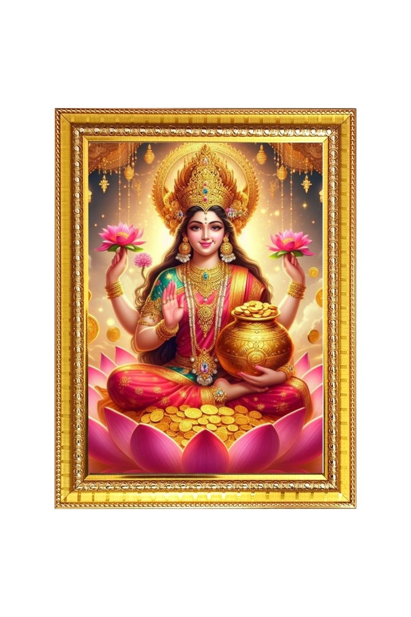 Maa Dhana Lakshmi Photo Frame - 10x14 Inches, Brown Wooden Frame for Home, Office & Temple Decoration