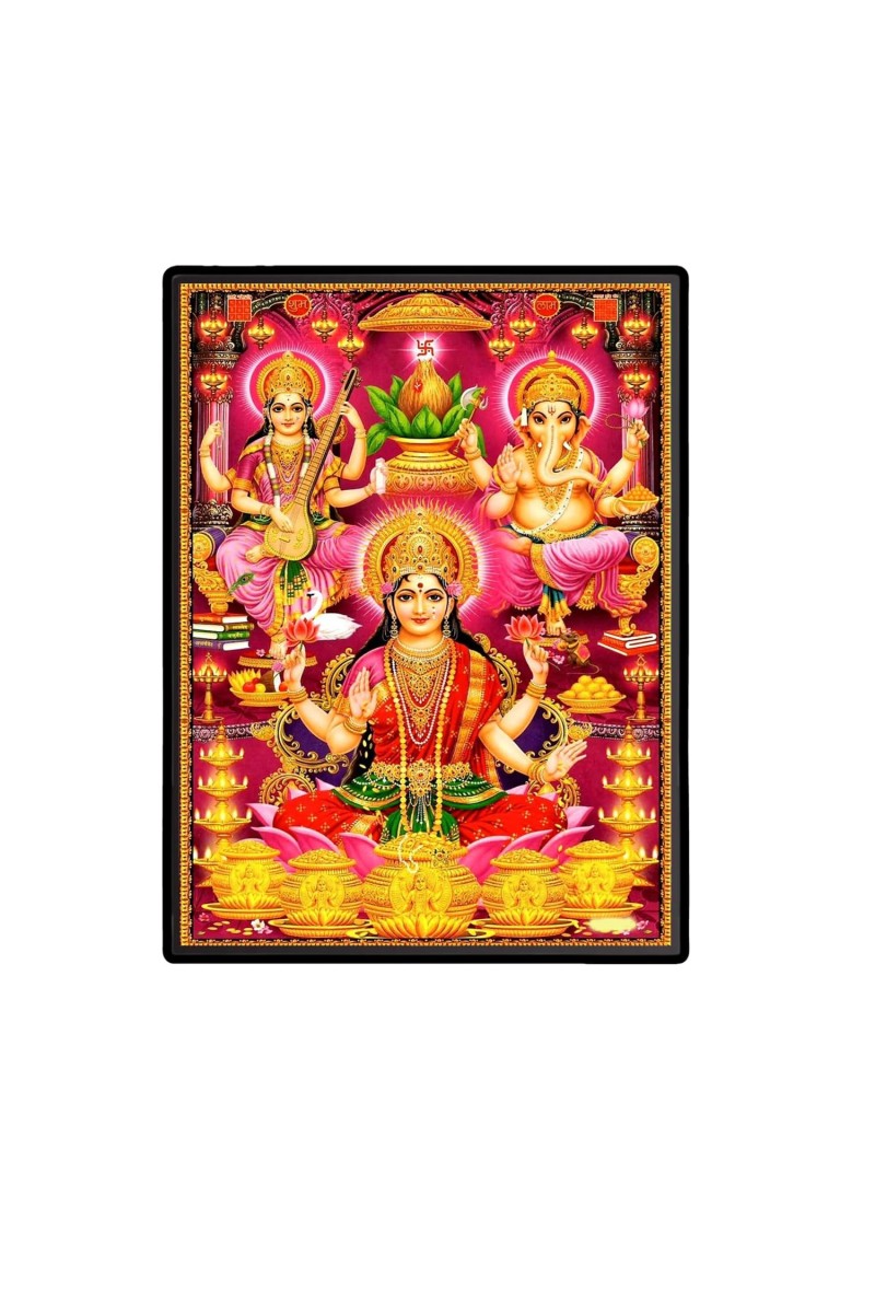 Lakshmi Saraswati & Ganesh Laminated Photo - 5x7 Inches, Divine Blessings for Home & Office and Temple Decoration