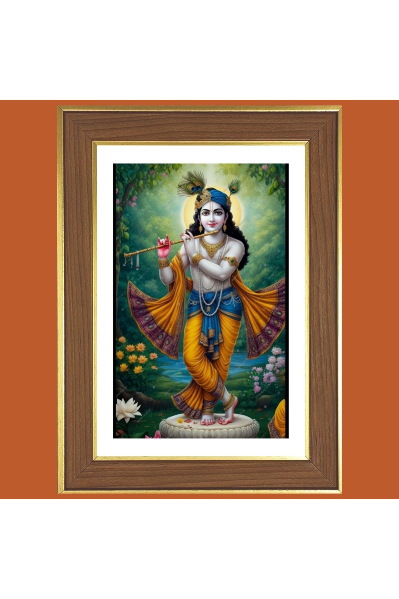 God Sri Krishna Murali Photo Frame - 12x16 Inches, Brown Wooden Frame for Home, Office & Temple Decoration