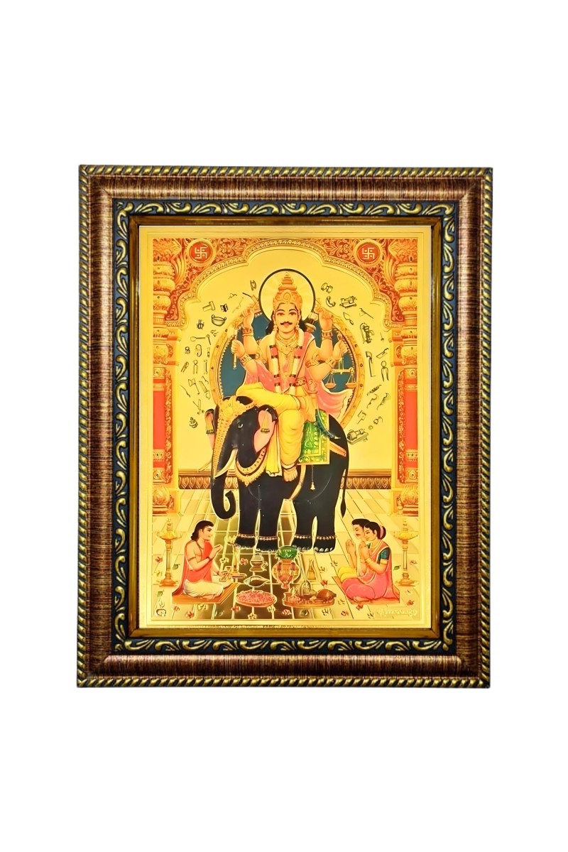 Hitech Sales Lord Sri Biswakarma Vishwakarma gold plated photo with Light Weighted Waterproof Glass Cover 9X7 Wooden Frames for Table, Temple Wall, Mandir, Gym, and Outdoor Spaces, Home Decor