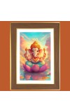 Ganesha on lotus Photo Frame - 10x14 Inches, Brown Wooden Frame for Home, Office & Temple Decoration