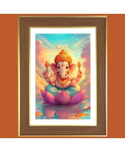 Ganesha on lotus Photo Frame - 10x14 Inches, Brown Wooden Frame for Home, Office & Temple Decoration