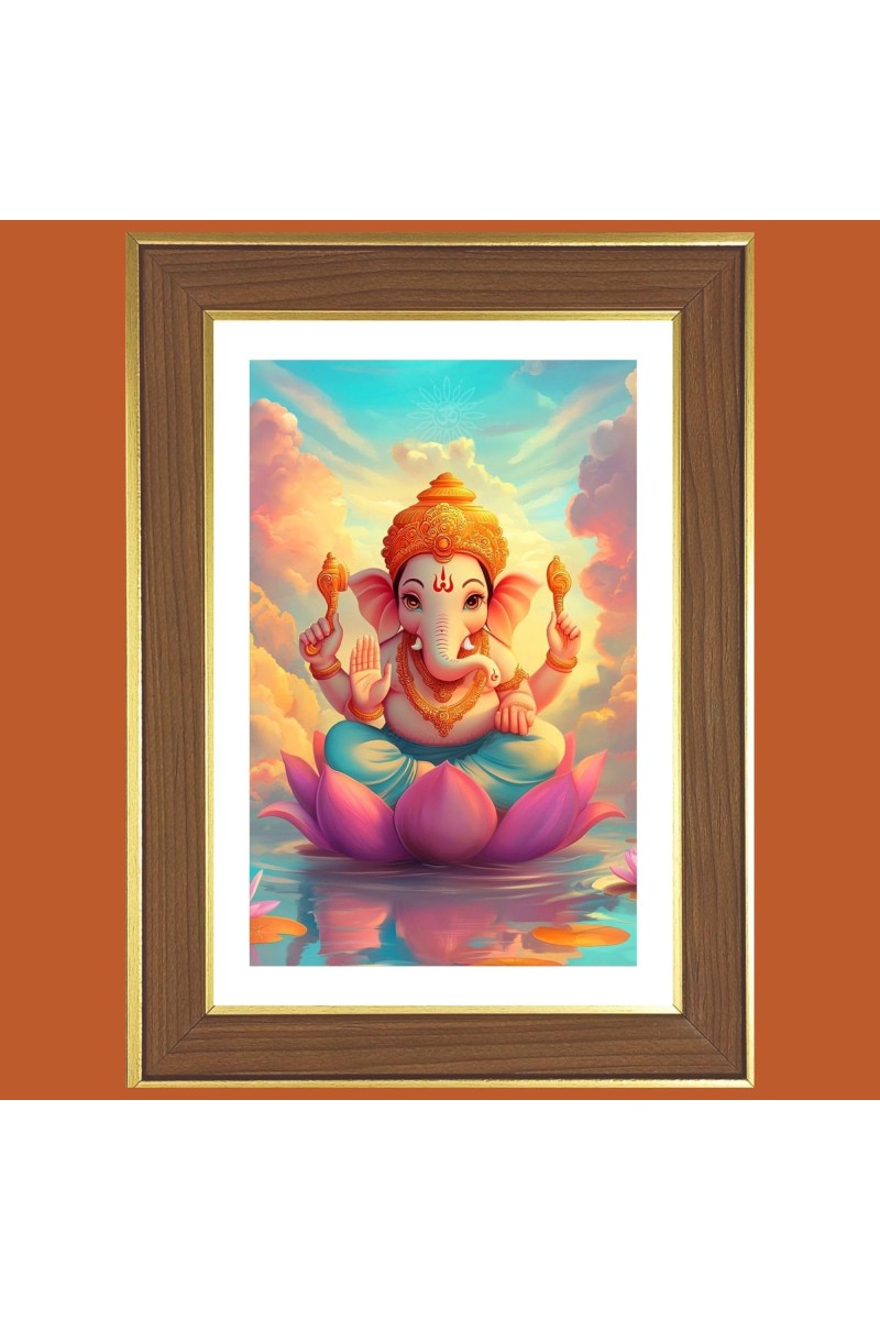 Ganesha on lotus Photo Frame - 10x14 Inches, Brown Wooden Frame for Home, Office & Temple Decoration