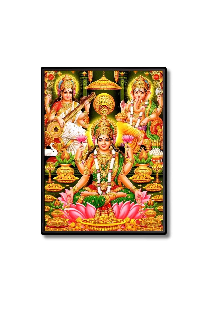 Lakshmi Saraswati & Ganesh Laminated Photo - 5x7 Inches, Divine Blessings for Home & Office and Temple Decoration
